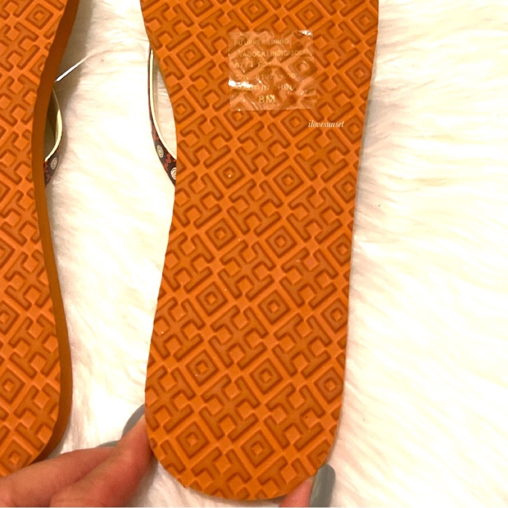 {Tory Burch} Orange Floral Flat Flip Flops with Leather Straps - Ivory Logo - Picture 4 of 7